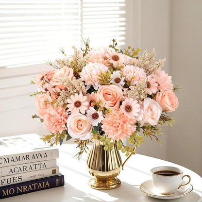 Dremisland Artificial Flowers Like Real Artificial Bouquet 2 Packs Silk Artificial Roses Bouquet with Daisy Chrysanthemum Champagne Flowers for Centerpiece Table Wedding Party Home Decor