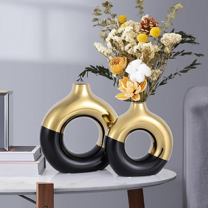 Black and Gold Vase Decor Donut Vase Set of 2 - Circle Hollow Vases, Modern Matte Ceramic Vases for Entryway Living Room Bedroom Dining Table Centerpiece Office Home Decor