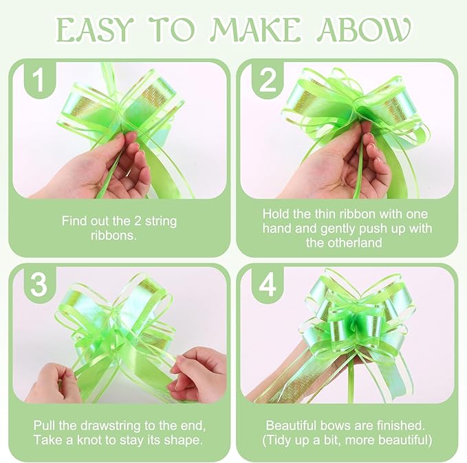 24PCS Apple Green Pull Bows for Gift Wrapping, 6" Large Pre-Tied Decorative Bows for Christmas, Wedding, Birthday, Party Decors, Reusable Instant Floral Decors for Gifts, Bouquets, Baskets