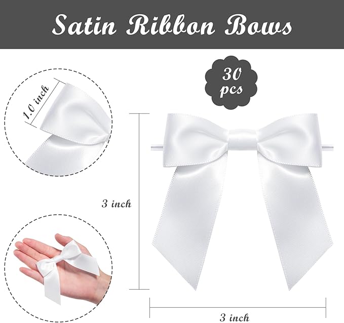 WRAPAHOLIC 30 Pcs 3" White Satin Ribbon Bows with Twist Tie - Pretied Premade Craft Bows for Christmas Party Crafts Treat Bags Gift Wrapping Wedding Birthday Baby Shower