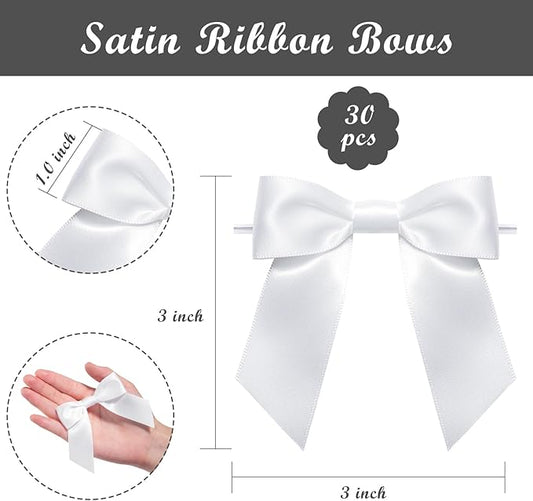 WRAPAHOLIC 30 Pcs 3" White Satin Ribbon Bows with Twist Tie - Pretied Premade Craft Bows for Christmas Party Crafts Treat Bags Gift Wrapping Wedding Birthday Baby Shower