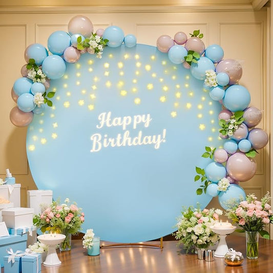 6.6 FT Baby Blue Round Backdrop Cover with Lights String for Circle Arch Stand, Circle Backdrop Covers with LED Fairy Lights for Wedding Baby Shower Boy Birthday Party Photo Shoot Background
