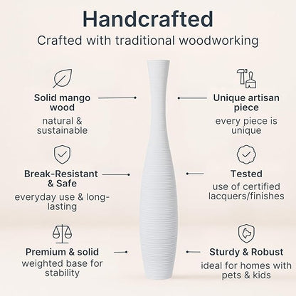Leewadee Large White Home Decor Floor Vase - Wooden 26 inch Tall Farmhouse Decor Flower Holder for Fake Plant and Pampas Grass