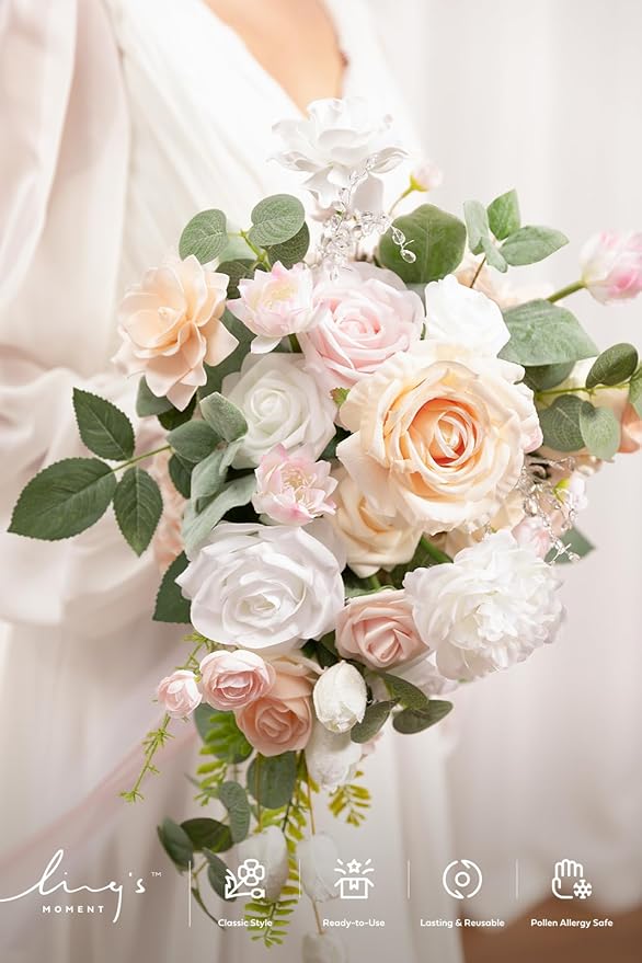 Ling's moment Blush Pink Bridal Bouquet Cascading, Coral Wedding Bouquets for Bride, 13 Inch Bride Bouquets for Wedding Artificial Flowers Bouquets
