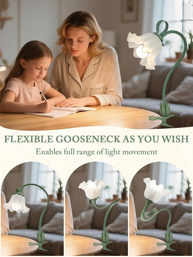 Flower Desk Lamp,LED Reading Light 360°Rotation Clip on Lamps,Vintage Flower Bedside Night Light,3 Colors Modes Book Lights Decor for Bedroom Bed Headboard Office Lighting Table Lamp Home Decoration