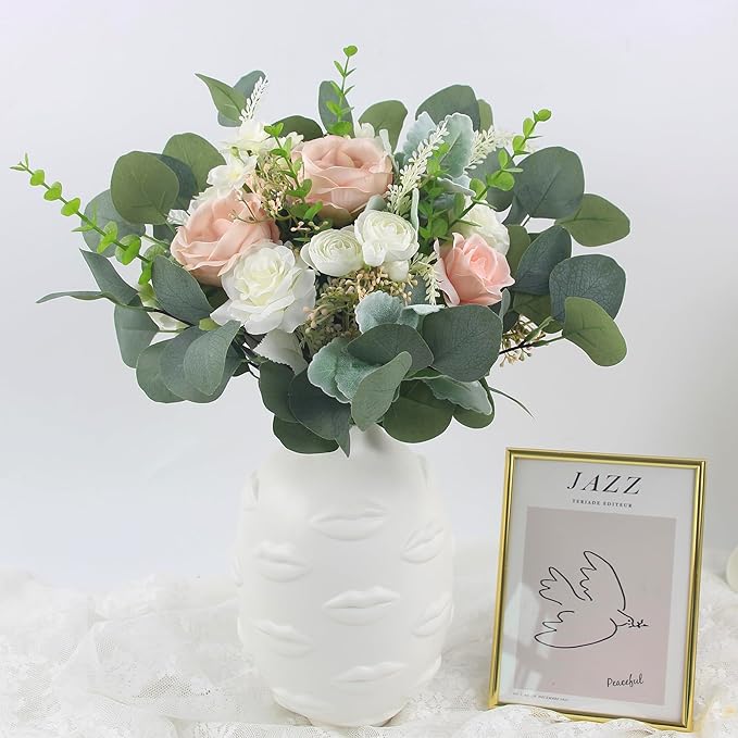 Rinlong 12.6 Inch Wedding Bouquets for Bride Pink Green Bridal Bouquet for Wedding Artificial Flowers Silk Bouquet Spring