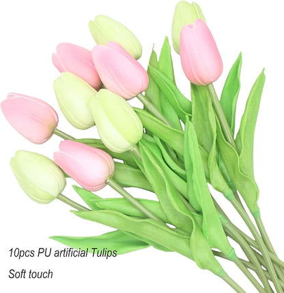 Artificial Flowers 10 Heads Mini Real Touch Artificial Tulip for Home Wedding Party Centerpiece Decoration (Green&Pink)