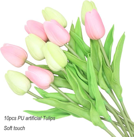Artificial Flowers 10 Heads Mini Real Touch Artificial Tulip for Home Wedding Party Centerpiece Decoration (Green&Pink)