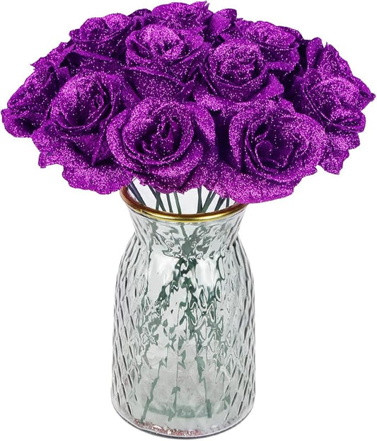 30PCS Purple Glitter Roses Artificial Flowers Faux Roses with Stems for DIY Crafts Wedding Bouquet Party Home Decor(Purple)