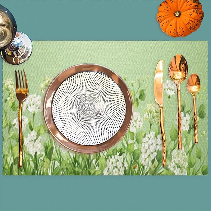 PVC Placemats Set of 4 Sage Green Flower Wipeable Table Mats Washable Heat Resistant Non Slip Vinyl Dining Table Mat for Kithen Indoor Outdoor Patio Farmhouse Place Mats Decorative