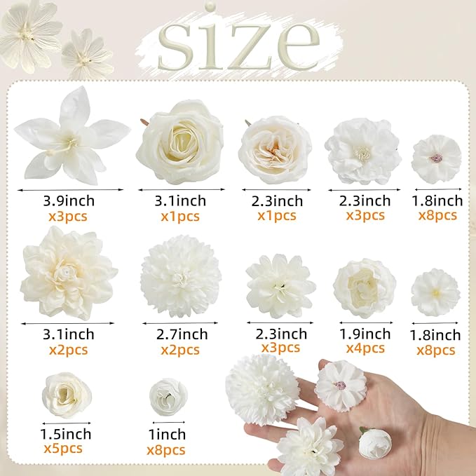 Fake Flower Heads for Crafts - White Silk Artificial Roses, Peonies, Daisies & Mini Floral Heads Bulk (48-Pack) for Wedding Decor, Graduation Cap, Cake Topper, Baby Shower, Home Decoration