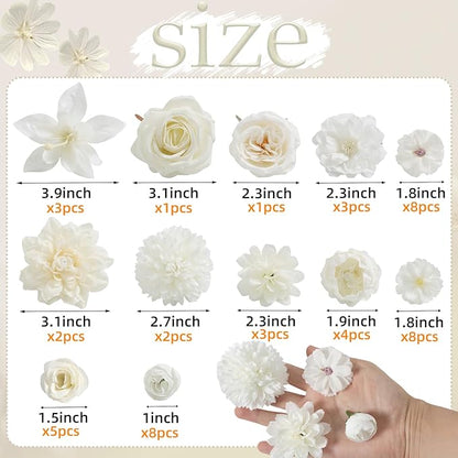 Fake Flower Heads for Crafts - White Silk Artificial Roses, Peonies, Daisies & Mini Floral Heads Bulk (48-Pack) for Wedding Decor, Graduation Cap, Cake Topper, Baby Shower, Home Decoration