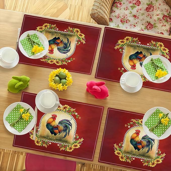 Rooster Sunflower Placemats Set of 4, Farmhouse Country Farm Chicken Animal Red Double-Sided Table Mats for Kitchen Dining Room Home Party Indoor Decor 4 PCS 12x18 Inch