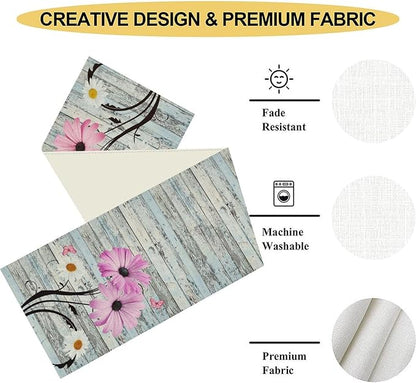 Farmhouse Table Runner, Abstract Daisy Flower Rustic Old Wood Farmhouse Print Table Runner for Home Indoor Outdoor Party Wedding Decor 13x90 inch