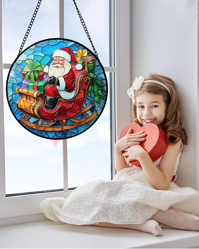Stained Glass Window Hanging - Red Santa Claus Gift Box Suncatcher for Doors Home Christmas Decoration Winter Sun Catcher Thanksgiving New Year Birthday Gift for Women Men Mom Nana 7.8 in