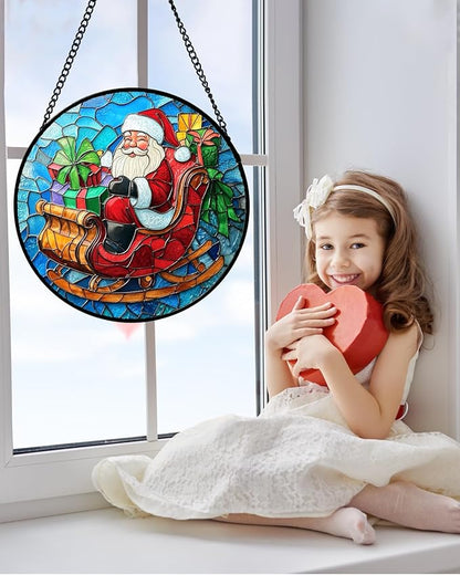 Stained Glass Window Hanging - Red Santa Claus Gift Box Suncatcher for Doors Home Christmas Decoration Winter Sun Catcher Thanksgiving New Year Birthday Gift for Women Men Mom Nana 11.8 in