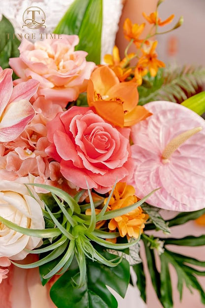 TINGE TIME 13 Inch Summer Wedding Bouquets for Bride, Bridal Bouquet for Bride, Artificial Silk Orchid for Graduation Bouquet, Fake Flowers for Wedding Ceremony and Anniversary (Tropical)