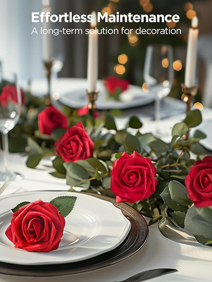 InnoGear Artificial Flowers, 50 Pcs Dark Red Foam Fake Roses Bulk with Stems for Decoration Celebration DIY Wedding Bouquets Centerpieces Bridal Shower Party Christmas Tree