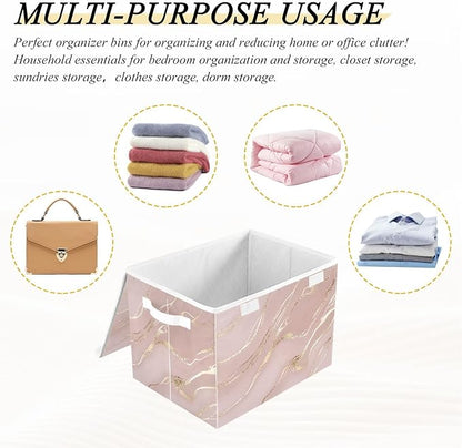 Collapsible Storage Bins with Lids, Rose Gold Pink Marble Storage Boxes for Organizing