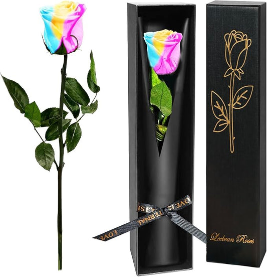 Single Forever Roses in a Box,Preserved Flowers for Delivery,Preserved Rose Gifts for Women,Real Roses Gifts for Her,Mom Birthday Mothers Day Valentines Flowers,Rainbow