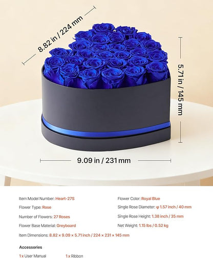 VEVOR Forever Flowers, 27 Preserved Roses in a Heart Shape Box, Eternal Flowers Immortal Bouquet Birthday Present for Women Her Wife Mothers, Anniversary, Valentine's Day,Christmas, Royal Blue