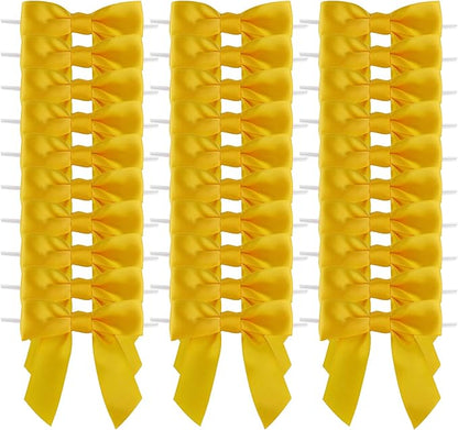 7Rainbows 30pcs Boutique 2.5" Yellow Gold Satin Ribbon Twist Tie Bows for Tying Up Packages Gift Wrapping