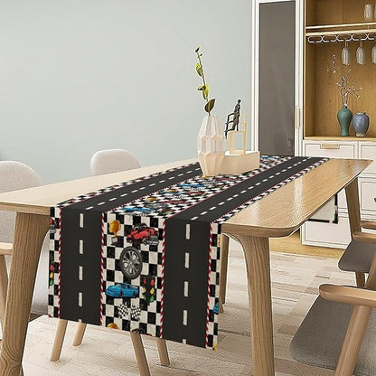 Race Car Table Runner,Checkered Flag Black and White Race Cars Pattern Print Tablecloth Burlap for Hotel Indoors Outdoor Dining Room Kitchen Home Decor,W13X L60 in