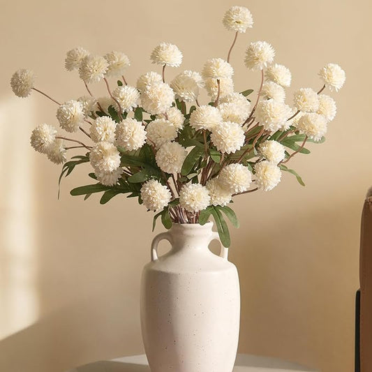 HyeFlora Fake Kiku Flowers,Faux Silk Pompon Mums 40heads Artificial Flowers,Chrysanthemum Stems Floral Arrangement Dried Flowers Vintage Decorative Indoor Home Vase Decor White