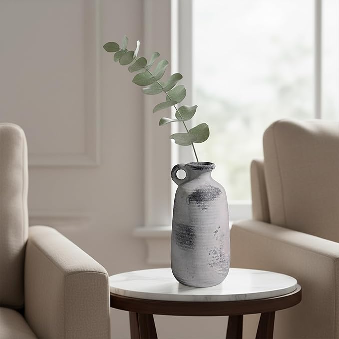 Sunddo Rustic Farmhouse Vase with Handle, Ceramic Vase,10 inch Tall Minimalist Decorative Vases for Home Decor, Table Living Room Bookshelf Entryway Kitchen Bedroom Decor, Grey