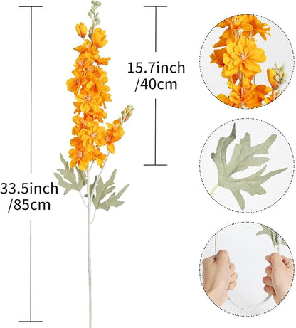 8pcs Delphinium Artificial Flowers 33.5in Long Stem Larkspur Fake Silk Flowers for Tall Vase Faux Flowers for Home Wedding Baby Shower Floral Arrangement Centerpiece Table Decorations (Orange)