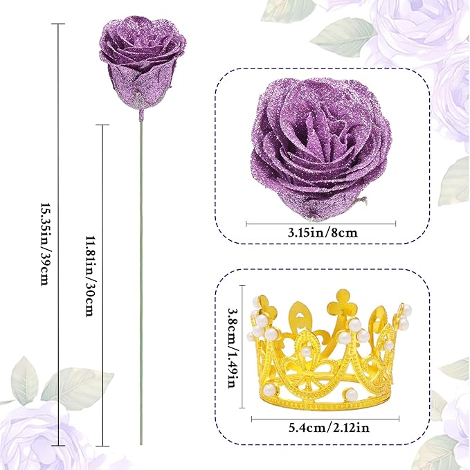 Waipfaru Glitter Roses Bouquet, DIY Lilac Fake Flowers Bouquet, Birthday Gifts for Women Mom, 36 Pcs Rose for Grandma Wife Girlfriend Valentines, Mothers Day, Anniversary, Graduation