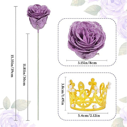 Waipfaru Glitter Roses Bouquet, DIY Lilac Fake Flowers Bouquet, Birthday Gifts for Women Mom, 24 Pcs Rose for Grandma Wife Girlfriend Valentines, Mothers Day, Anniversary, Graduation