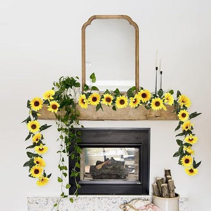 Uieke 12PCS Artificial Sunflower Garland, 7.5ft/Strand Silk Sunflowers Hanging Vines Flowers with Green Leaves for Room Kitchen Garden Birthday Wedding Baby Shower Party Table Decor Large