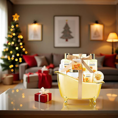 Christmas Gifts for Women Bath & Body Gift Set, Luxury Home Spa Bath Gift Basket, Honey Almond Scented Bath Set, Pamper Gifts Birthday gifts & Teens, Spa Kit Gift, Home Spa Gifts for Men Dad