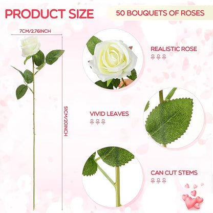 Jexine 50 Pcs Artificial Rose Flower Bulk Realistic Silk Fake Roses with Long Stem Plastic Artificial Flower Bouquet Real Looking for Home Wedding Centerpieces Party Decoration(White)