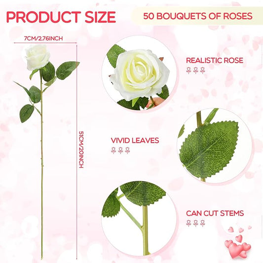 Jexine 50 Pcs Artificial Rose Flower Bulk Realistic Silk Fake Roses with Long Stem Plastic Artificial Flower Bouquet Real Looking for Home Wedding Centerpieces Party Decoration(White)