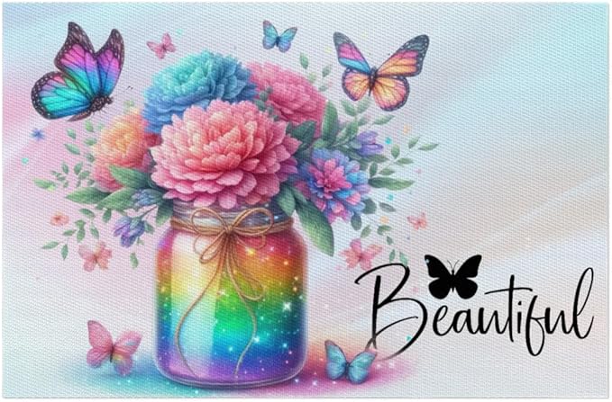 PVC Placemats Set of 4 Rainbow Flower Butterfly Wipeable Table Mats Washable Heat Resistant Non Slip Vinyl Dining Table Mat for Kithen Indoor Outdoor Patio Farmhouse Place Mats Decorative