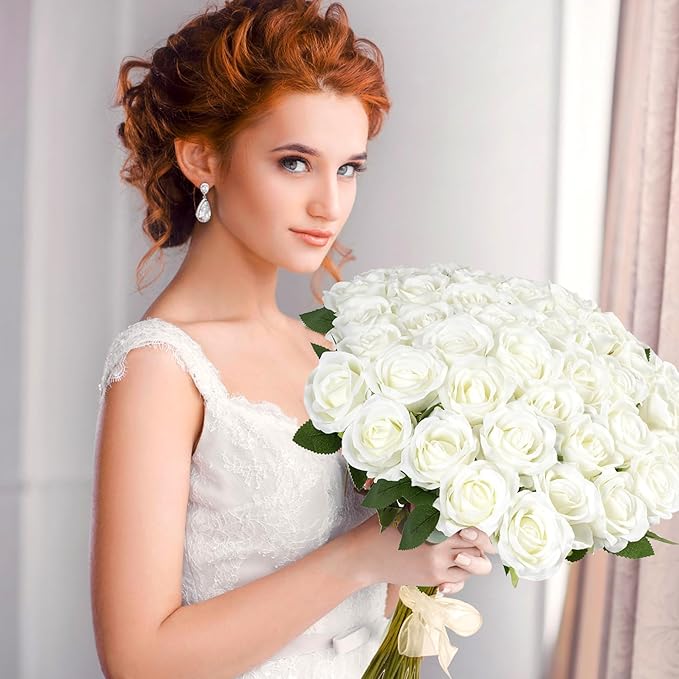 White Roses Artificial Flowers Bulk, 52Pcs Fake Roses White Flowers, DIY Silk Faux Roses Bouquet, Realistic White Faux Flowers Mohter's Day Valentine's Day Decor