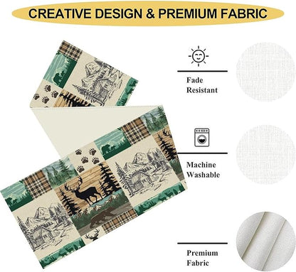 Rustic Cabin Table Runner, Farmhouse Deer Bear Retro Pine Forest Wooden Plank Wild Animal Seasonal Coffee Table Center Decor for Home Kitchen Dining Holiday Party Table Decorations 13x108 inches