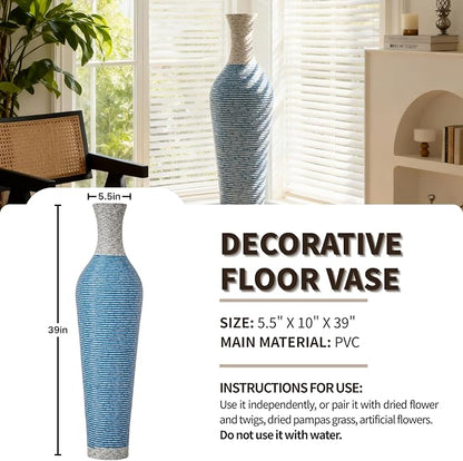 39-Inch Tall Vintage Floor Vase - Premium PVC Rattan Weave, Large Blue and White Striped Standing Vase, Flower Holder for Home Decor (Blue)
