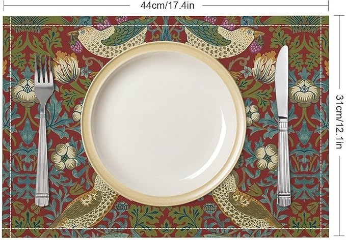 William Morris Floral Placemats Set of 6, Vintage Flower Strawberry Birds Red Place Mats, Heat Resistant Non Slip Cotton Linen Dining Table Mats for Home Kitchen Party 18x12 Inch