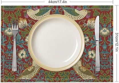William Morris Floral Placemats Set of 6, Vintage Flower Strawberry Birds Red Place Mats, Heat Resistant Non Slip Cotton Linen Dining Table Mats for Home Kitchen Party 18x12 Inch