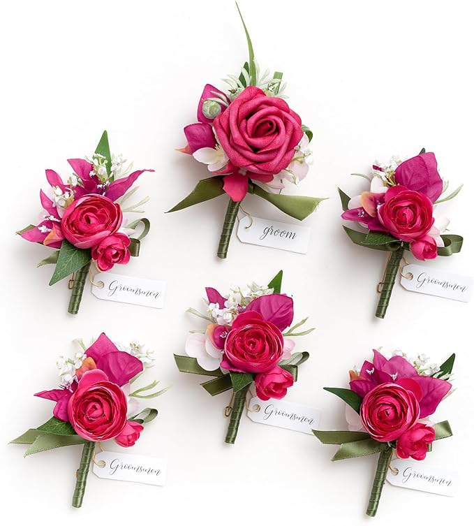 Ling's moment Boutonniere for Men, 6pcs Groom Groomsmen Boutonniere, Artificial Flowers for Wedding Decor/Prom/Homecoming, etc.Hot Pink Magenta Blush