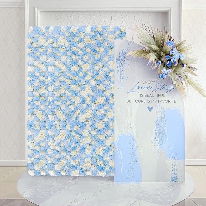 Blue Flower Backdrop Wall 5ftx3.74ft Fake Rose Wedding Backdrop 3D Floral Wall Panels for Baby Shower Party Bridal Wedding Background Decor