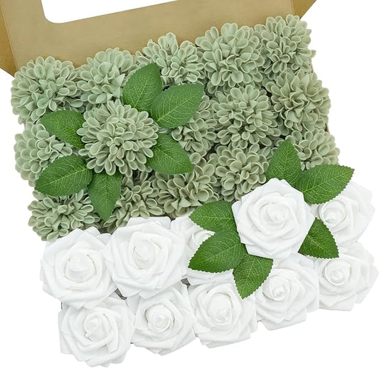Artificial Flowers, 50pcs Sage Green Artificial Rose for DIY Wedding Bouquets Centerpieces Arrangements, Sage Green and White Dahlia Flowers with Stem for Bridal Shower Party Home Decorations