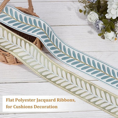 OLYCRAFT 10.9 Yards Jacquard Ribbon Trim 2.4 Inch Leaf Pattern Jacquard Polyester Ribbons Blue Leaf Jacquards Woven Embroidery Trim for DIY Sewing Crafts Handmade Bag Belts Clothing Decoration