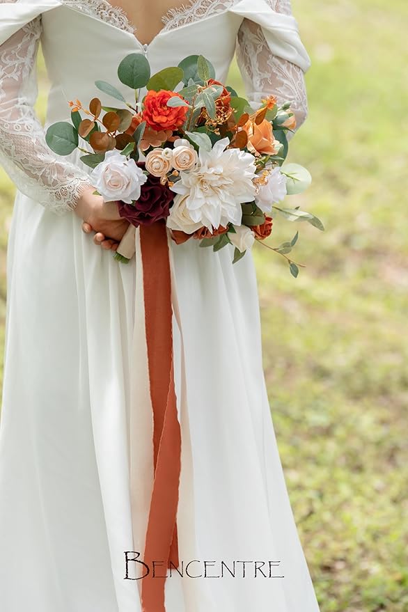 10 Inch Terracotta Bridal Bouquet,Burnt Orange Wedding Bouquet,Bride Bouquets for Wedding Ceremony Anniversary, Party and French Rustic Vintage,Artificial Flowers