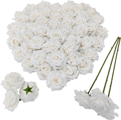 Artificial Satin Rose Flower Heads,48 Pcs Silk Rose Heads with Stems,3.3'' Rose Artificial Flowers Bulk,Artificial Rose Flower Heads for DIY Crafts Bouquet (48, White)