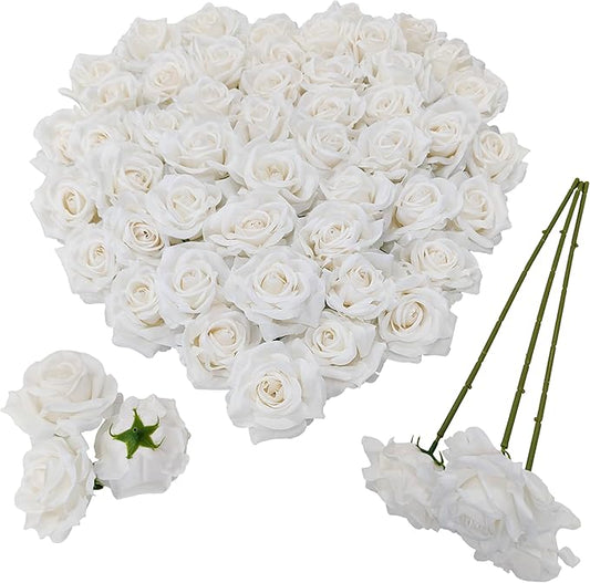 Artificial Satin Rose Flower Heads,48 Pcs Silk Rose Heads with Stems,3.3'' Rose Artificial Flowers Bulk,Artificial Rose Flower Heads for DIY Crafts Bouquet (48, White)