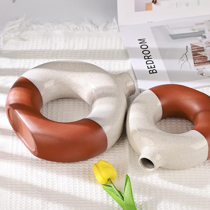 Terracotta Vase Decor Donut Vase Set of 2 - Circle Hollow Vases, Modern Matte Ceramic Vases for Entryway Living Room Bedroom Dining Table Centerpiece Office Home Decor